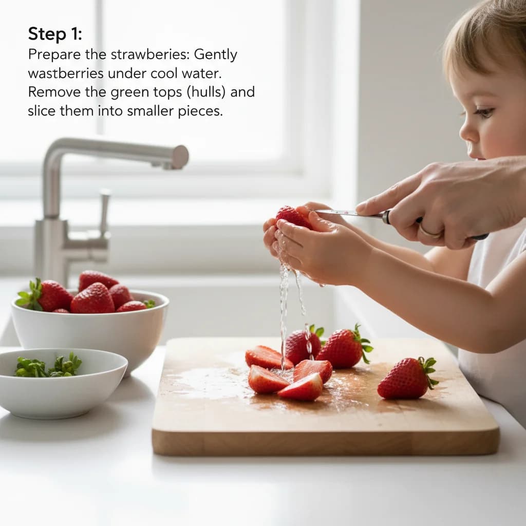 Step 1: Prepare the strawberries: Gently wash the strawberries under cool water. Remove the green tops (hull for Strawberry-Peach Apple Swirl (with Baby Cereal Boost!)