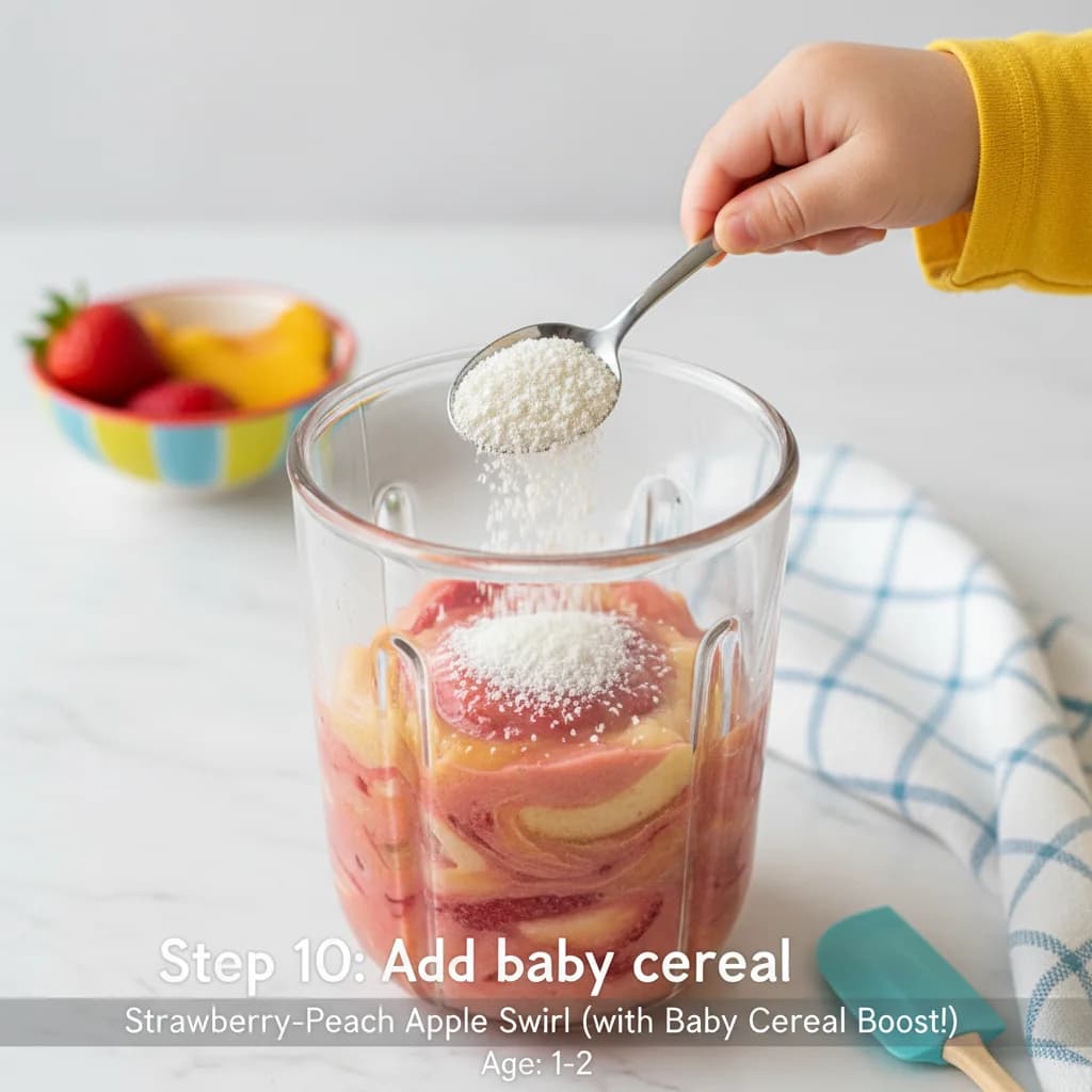 Step 10: Add baby cereal: Add 1 tablespoon of baby rice cereal (or oatmeal cereal) to the blender. for Strawberry-Peach Apple Swirl (with Baby Cereal Boost!)