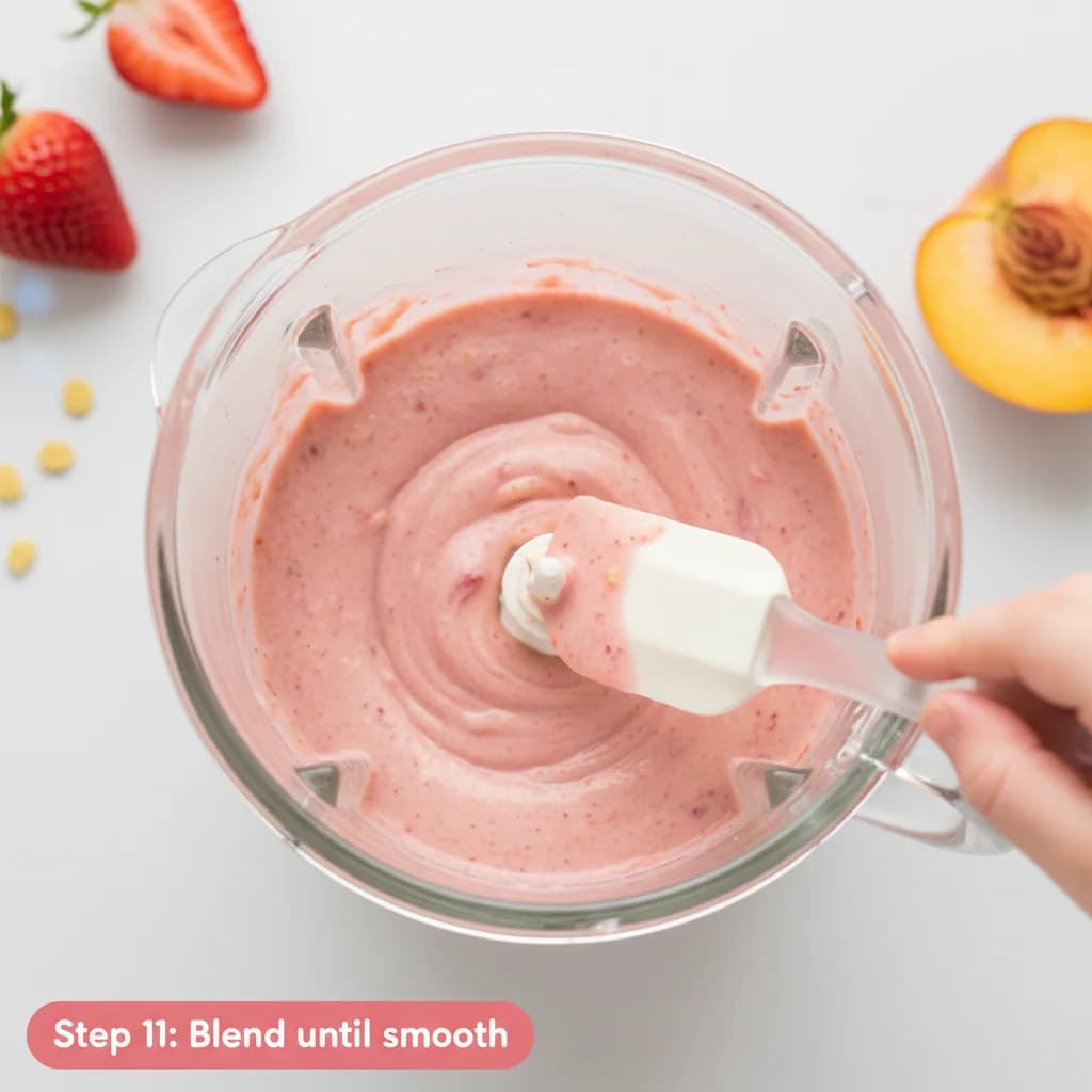 Step 11: Blend until smooth: Blend the mixture until it is completely smooth and creamy. Scrape down the side for Strawberry-Peach Apple Swirl (with Baby Cereal Boost!)