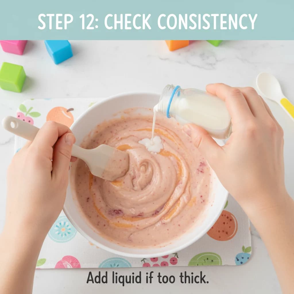 Step 12: Check consistency: The cereal will absorb some of the fruit juice and thicken the purée. If it's too for Strawberry-Peach Apple Swirl (with Baby Cereal Boost!)