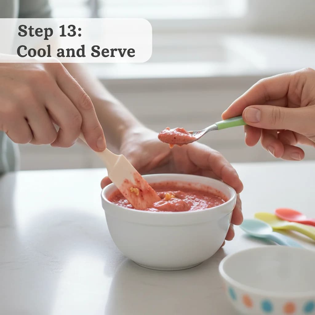 Step 13: Cool and serve: Allow the purée to cool slightly before serving to your baby. Test the temperature t for Strawberry-Peach Apple Swirl (with Baby Cereal Boost!)
