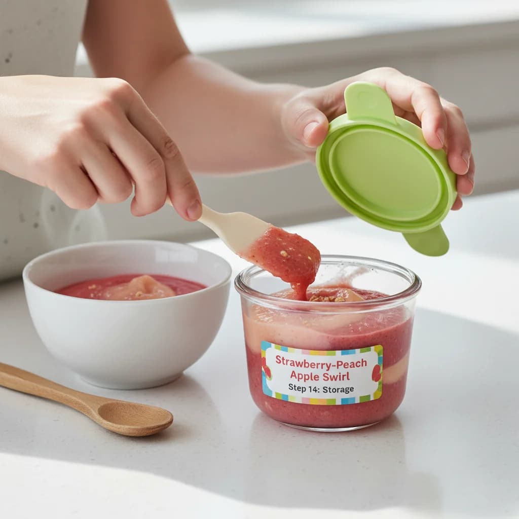 Step 14: Storage: Store any leftover purée in an airtight container in the refrigerator for up to 24 hours. B for Strawberry-Peach Apple Swirl (with Baby Cereal Boost!)