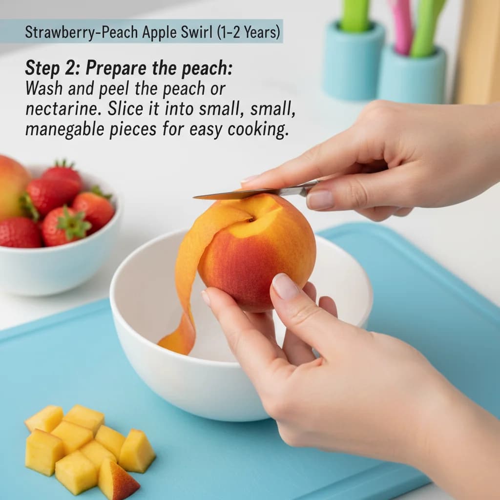 Step 2: Prepare the peach: Wash and peel the peach or nectarine. Slice it into small, manageable pieces for for Strawberry-Peach Apple Swirl (with Baby Cereal Boost!)