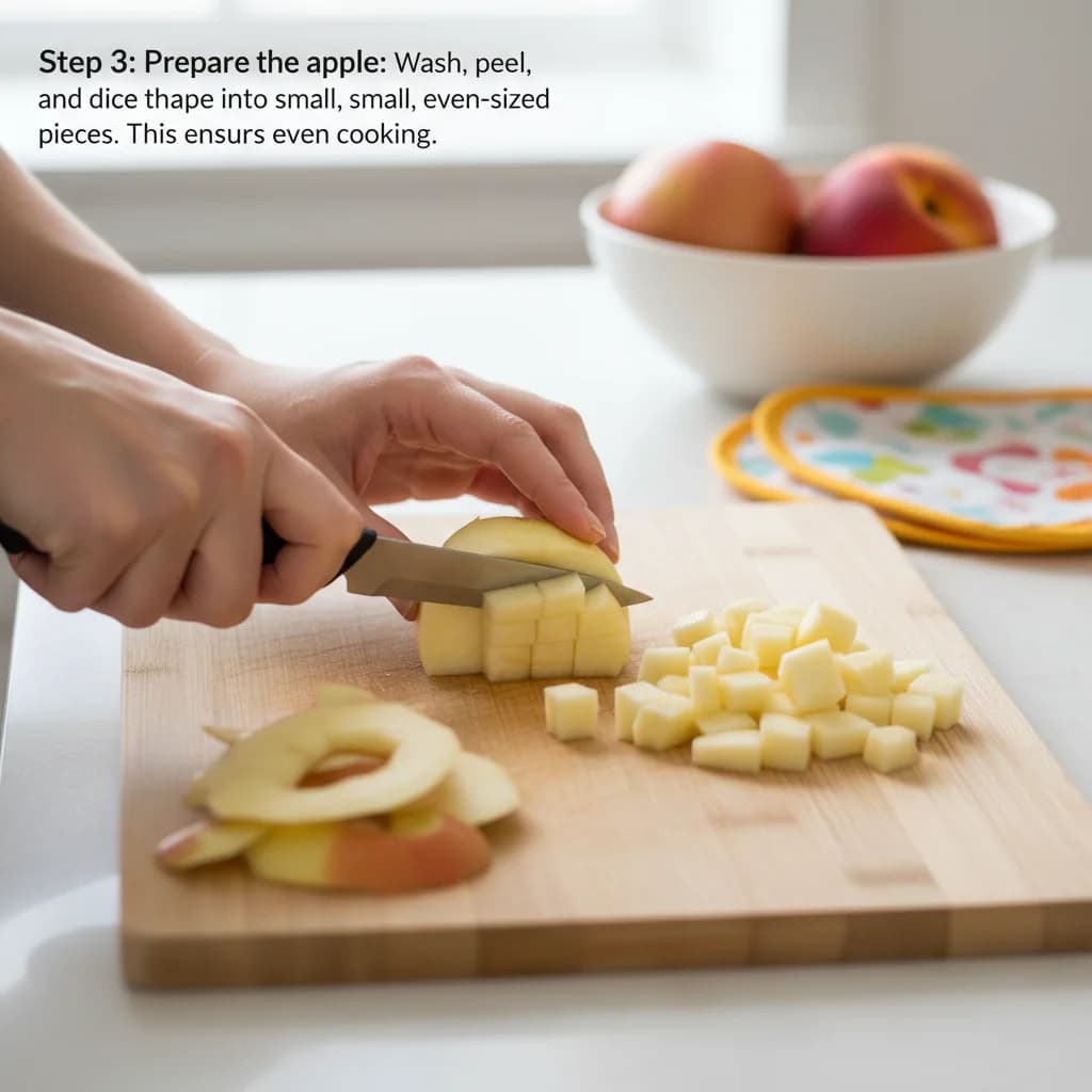 Step 3: Prepare the apple: Wash, peel, and dice the apple into small, even-sized pieces. This ensures even c for Strawberry-Peach Apple Swirl (with Baby Cereal Boost!)
