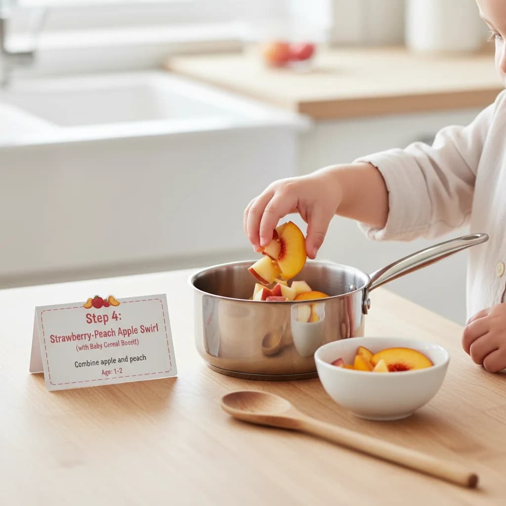 Step 4: Combine apple and peach: Place the diced apple and sliced peach in a small saucepan. for Strawberry-Peach Apple Swirl (with Baby Cereal Boost!)
