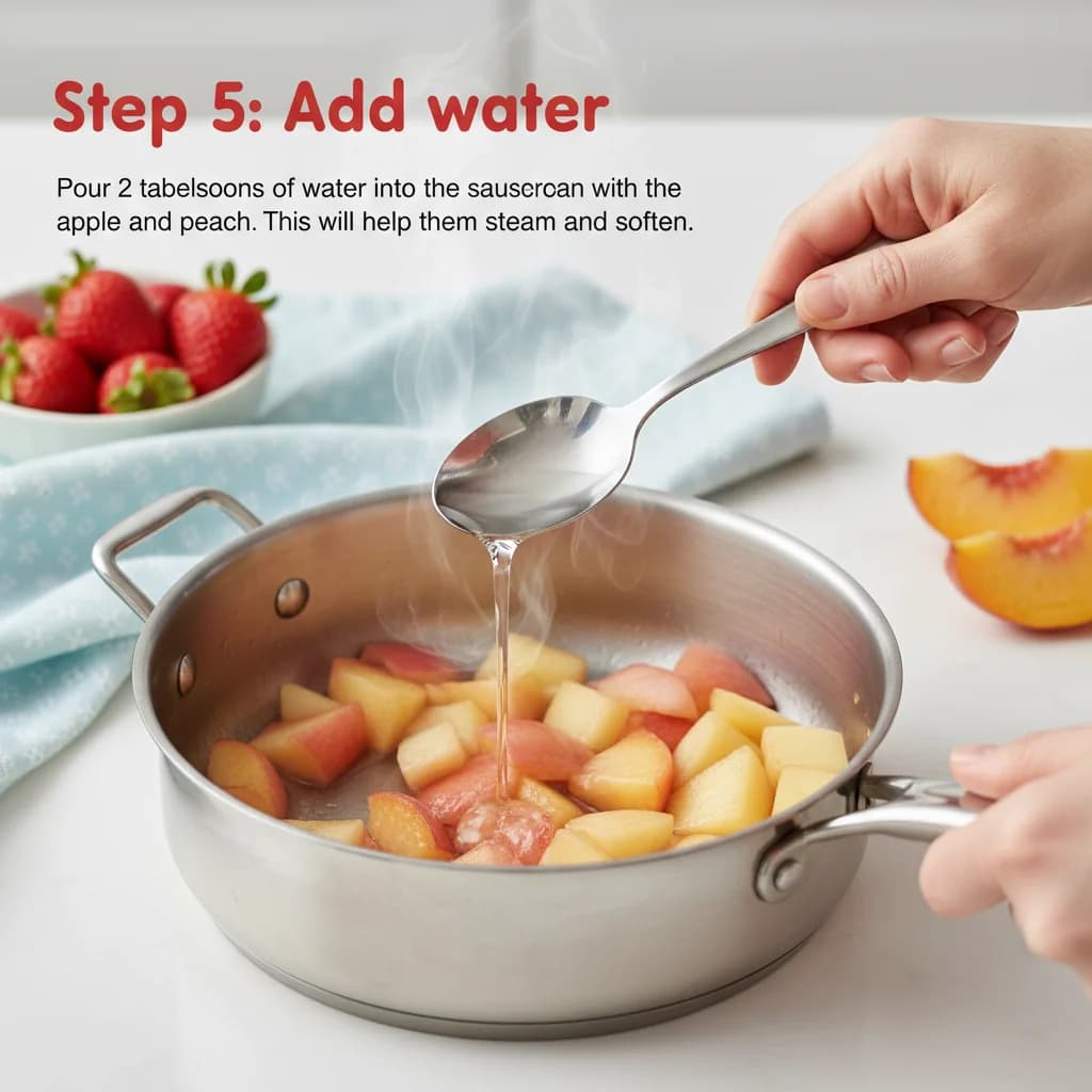 Step 5: Add water: Pour 2 tablespoons of water into the saucepan with the apple and peach. This will help th for Strawberry-Peach Apple Swirl (with Baby Cereal Boost!)