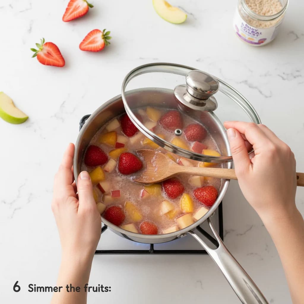 Step 6: Simmer the fruits: Place the saucepan over low heat. Cover and simmer for about 5 minutes, or until for Strawberry-Peach Apple Swirl (with Baby Cereal Boost!)