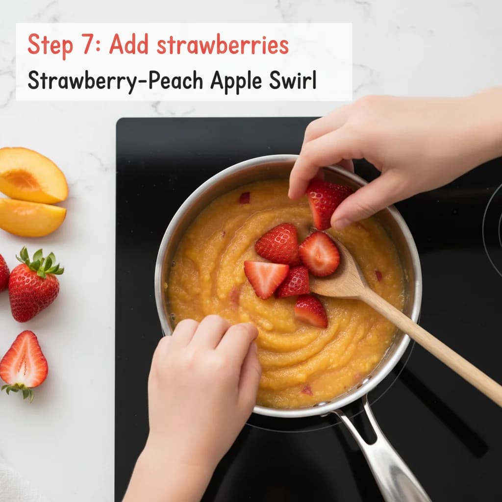 Step 7: Add strawberries: Add the sliced strawberries to the saucepan during the last minute of cooking. Str for Strawberry-Peach Apple Swirl (with Baby Cereal Boost!)