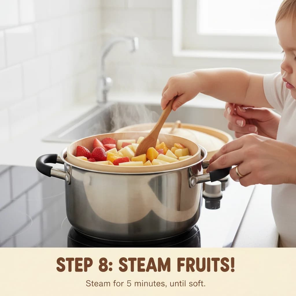 Step 8: Steam alternative: Alternatively, steam all the prepared fruits together for approximately 5 minutes for Strawberry-Peach Apple Swirl (with Baby Cereal Boost!)