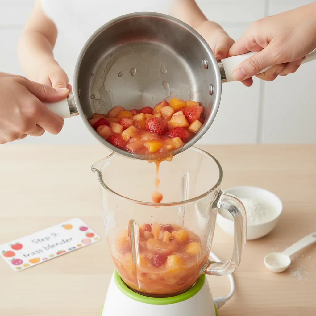 Step 9: Transfer to blender: Carefully transfer the cooked fruits and any remaining water from the saucepan for Strawberry-Peach Apple Swirl (with Baby Cereal Boost!)