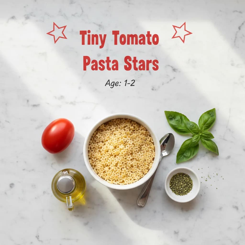 All ingredients needed for Tiny Tomato Pasta Stars arranged on a clean surface