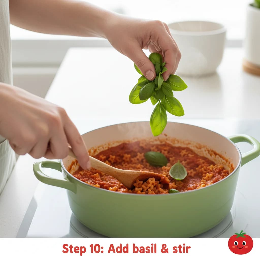 Step 10: Add the basil (if using) to the tomato sauce during the last minute of cooking. Stir to incorporate. for Tiny Tomato Pasta Stars