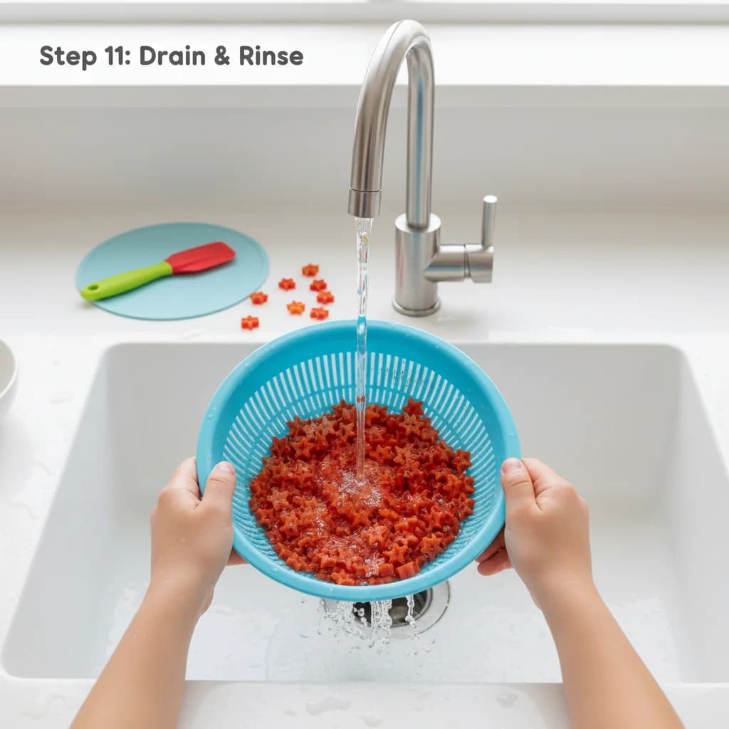 Step 11: Once the pasta is cooked, drain it thoroughly. You can rinse it briefly to remove excess starch and for Tiny Tomato Pasta Stars