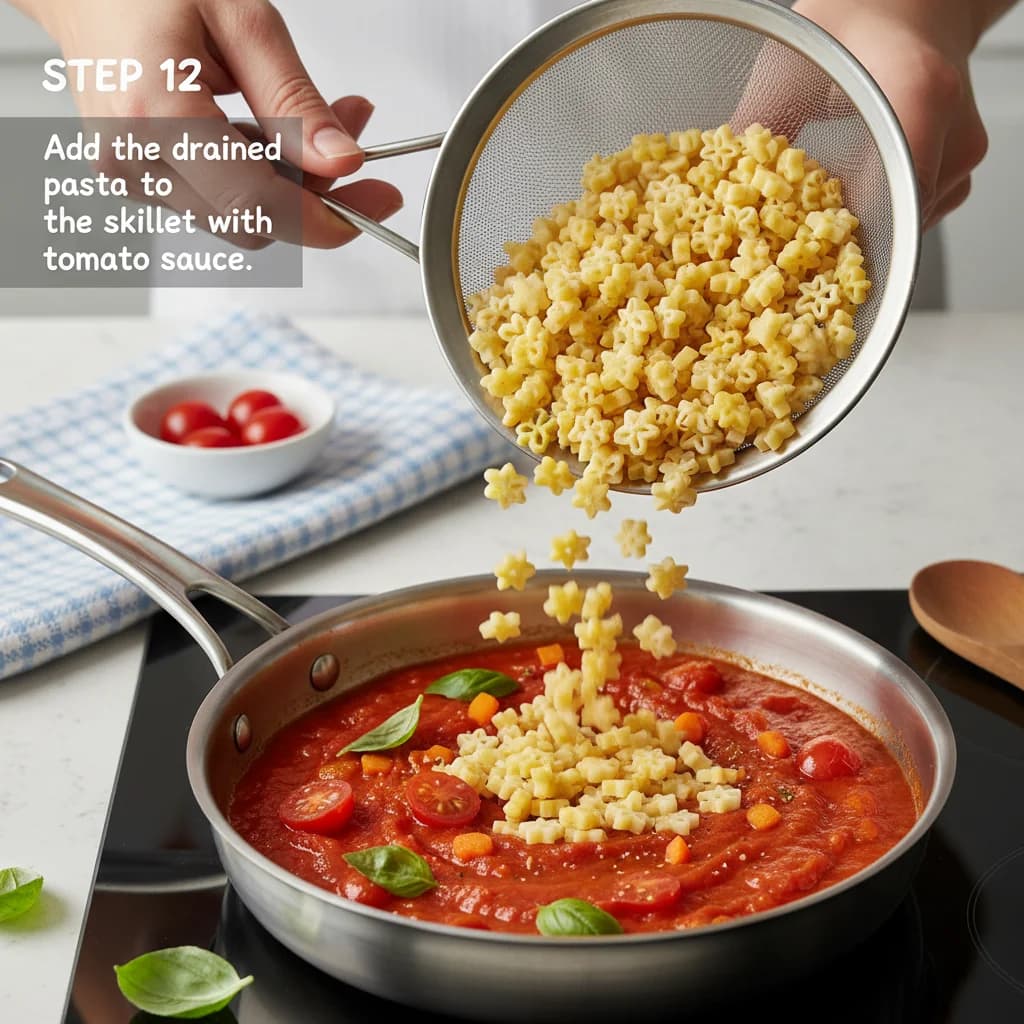 Step 12: Add the drained pasta to the skillet with the tomato sauce. for Tiny Tomato Pasta Stars