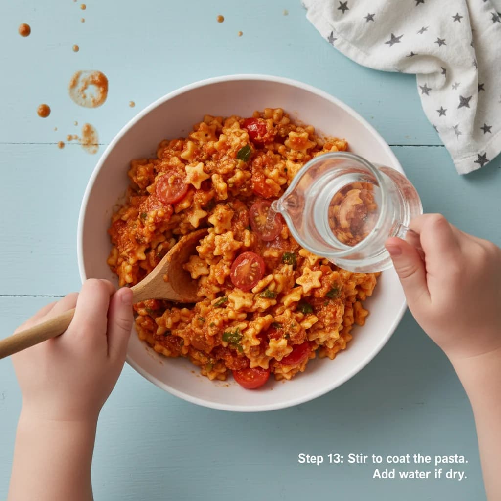 Step 13: Stir to coat the pasta evenly with the sauce. Add a little water if the mixture seems too dry. for Tiny Tomato Pasta Stars