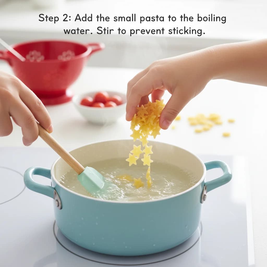 Step 2: Add the small pasta to the boiling water. Stir to prevent sticking. for Tiny Tomato Pasta Stars
