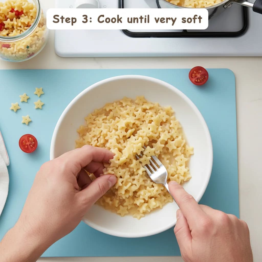 Step 3: Cook the pasta until very soft, about 6-10 minutes (or a few minutes longer than package directions) for Tiny Tomato Pasta Stars
