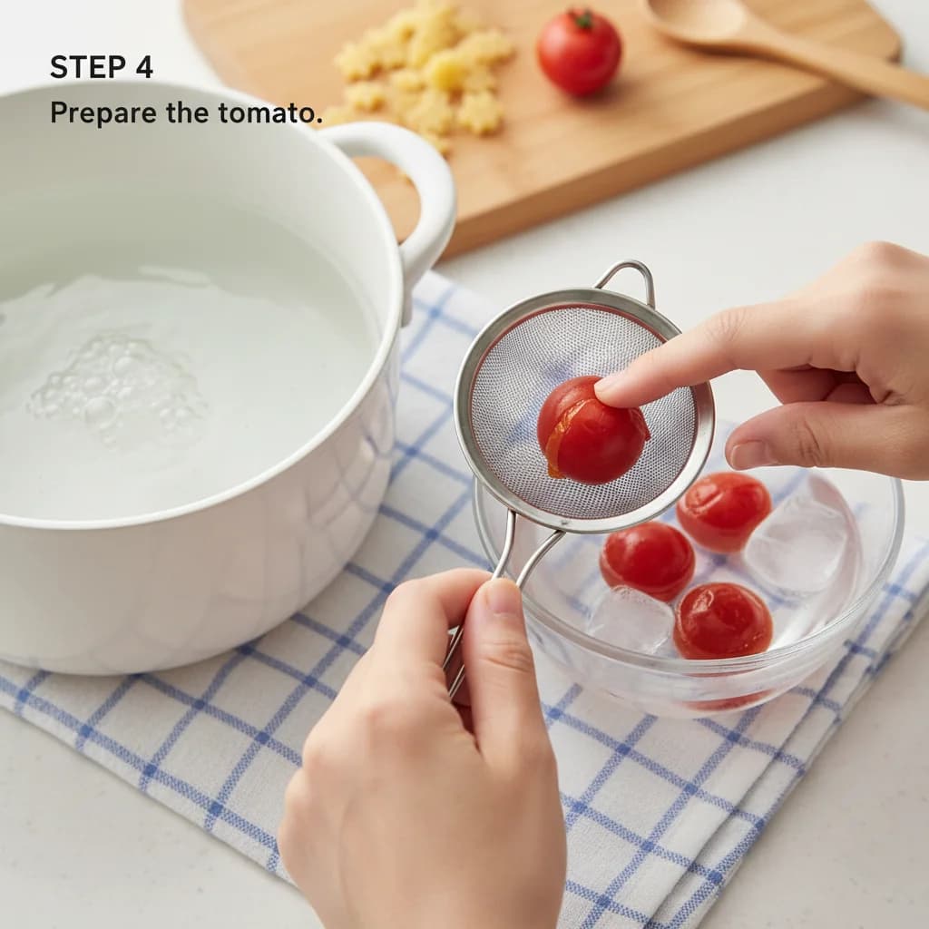 Step 4: While the pasta cooks, prepare the tomato. If using a fresh tomato, blanch it in boiling water for 3 for Tiny Tomato Pasta Stars