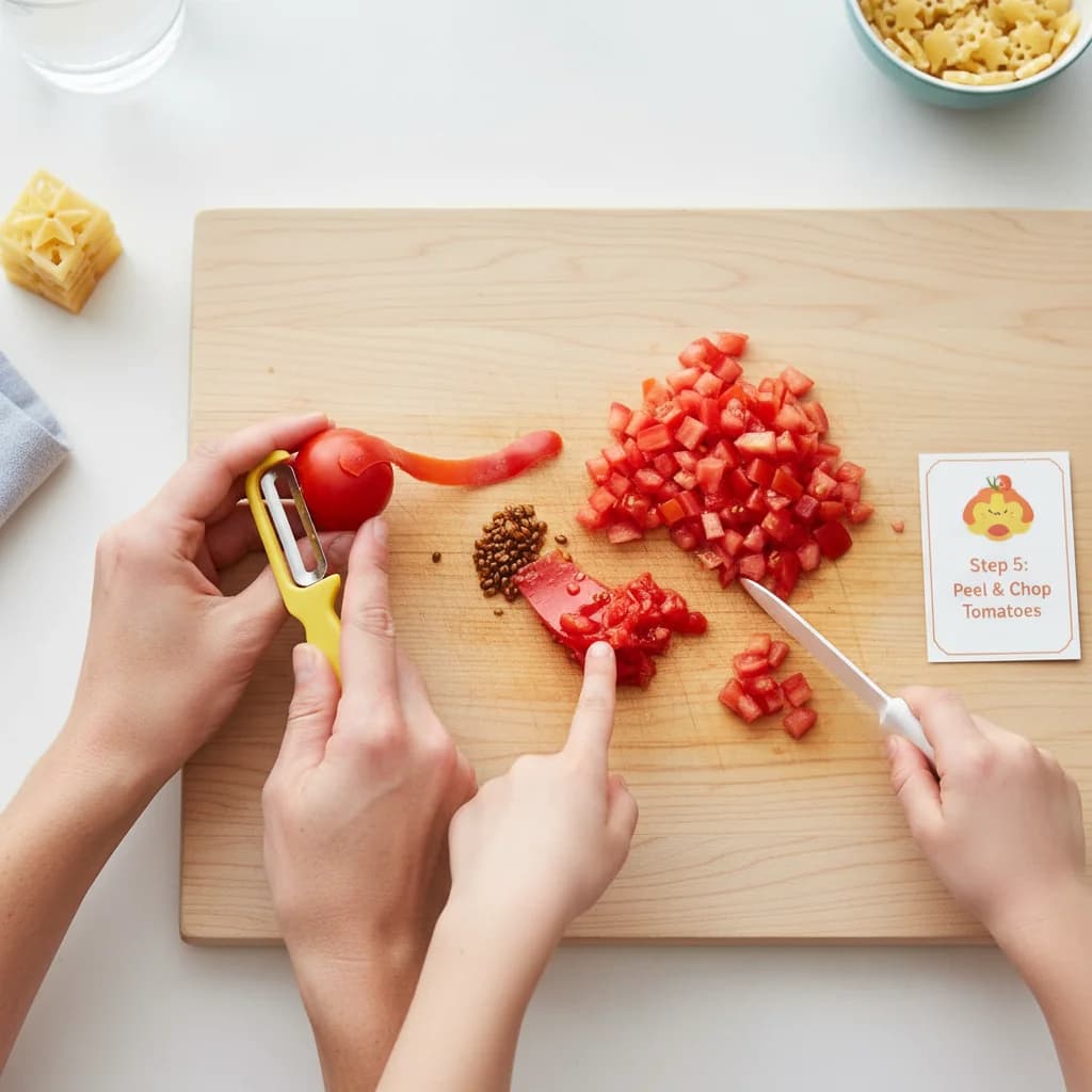 Step 5: Peel the tomato and remove the seeds (optional, to reduce acidity). Finely chop the tomato flesh. for Tiny Tomato Pasta Stars