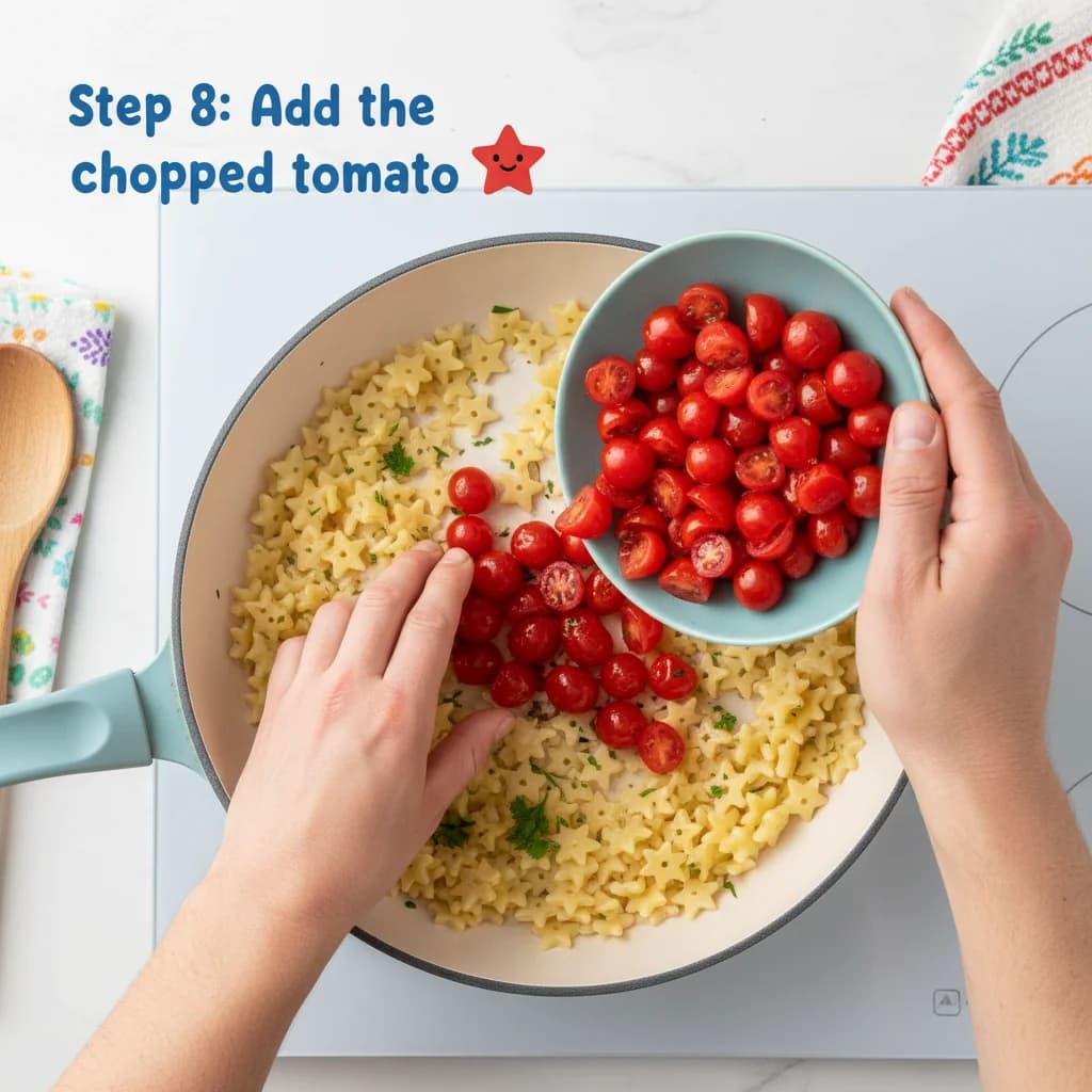 Step 8: Add the chopped tomato (or crushed tomatoes) to the skillet. for Tiny Tomato Pasta Stars
