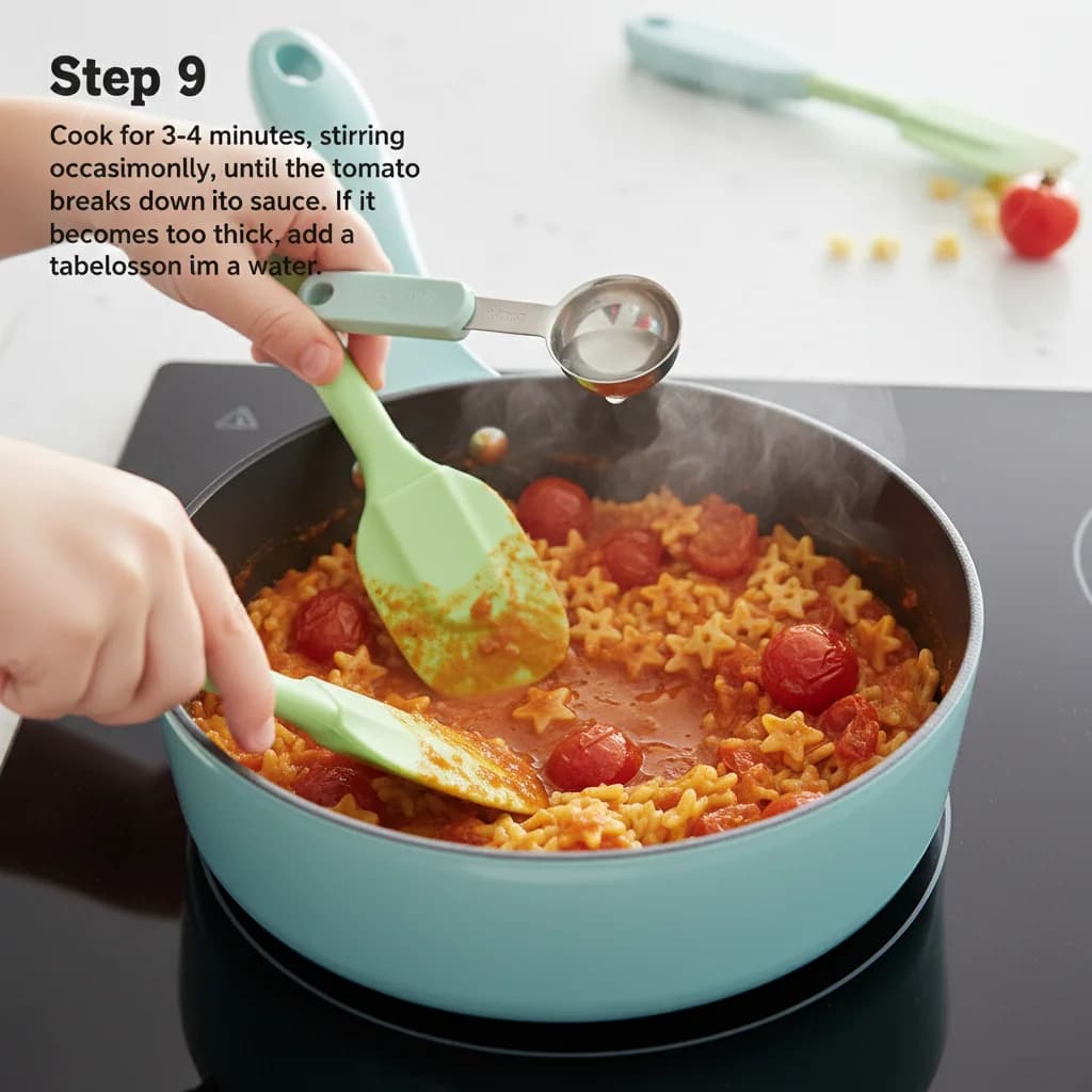Step 9: Cook for 3-4 minutes, stirring occasionally, until the tomato breaks down into a sauce. If it become for Tiny Tomato Pasta Stars