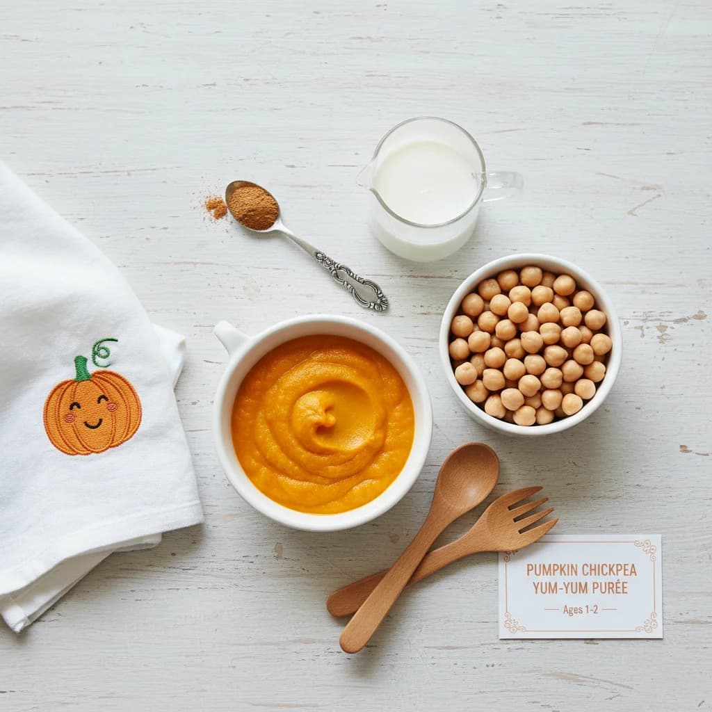 All ingredients needed for Pumpkin Chickpea Yum-Yum Purée arranged on a clean surface