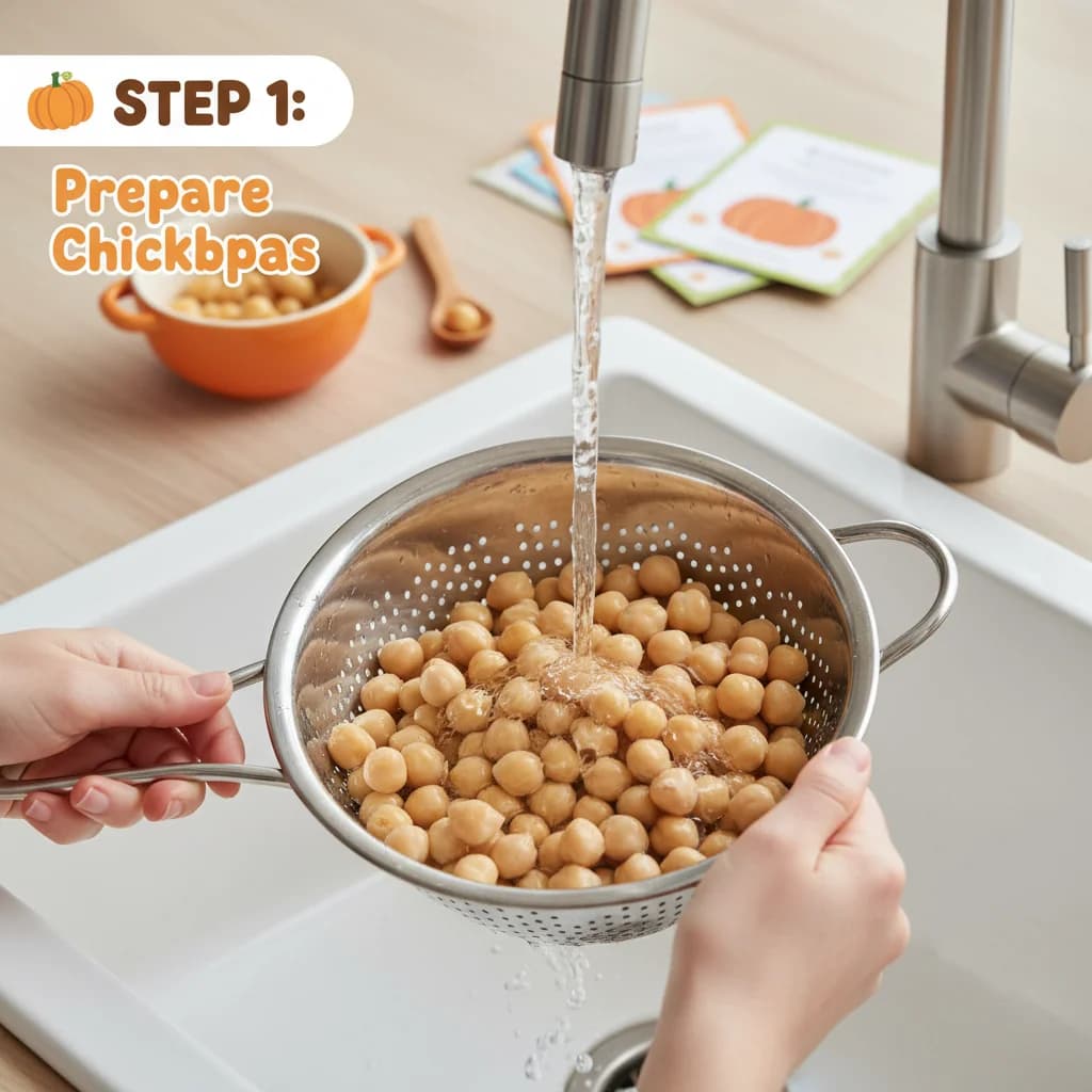 Step 1: **Step 1: Prepare Chickpeas:** If using canned chickpeas, rinse them thoroughly under running water. for Pumpkin Chickpea Yum-Yum Purée
