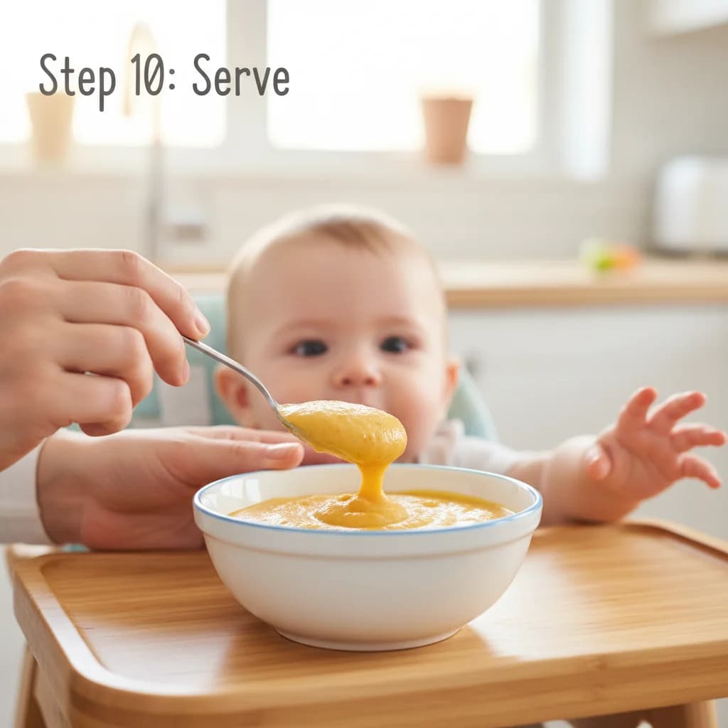 Step 10: **Step 10: Serve:** Spoon a small amount of the purée into a clean bowl and offer it to your baby. S for Pumpkin Chickpea Yum-Yum Purée