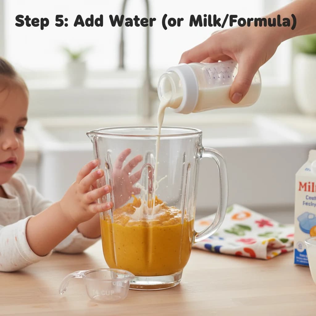 Step 5: **Step 5: Add Water (or Milk/Formula):** Add 1/4 cup of water (or breast milk/formula) to the blende for Pumpkin Chickpea Yum-Yum Purée