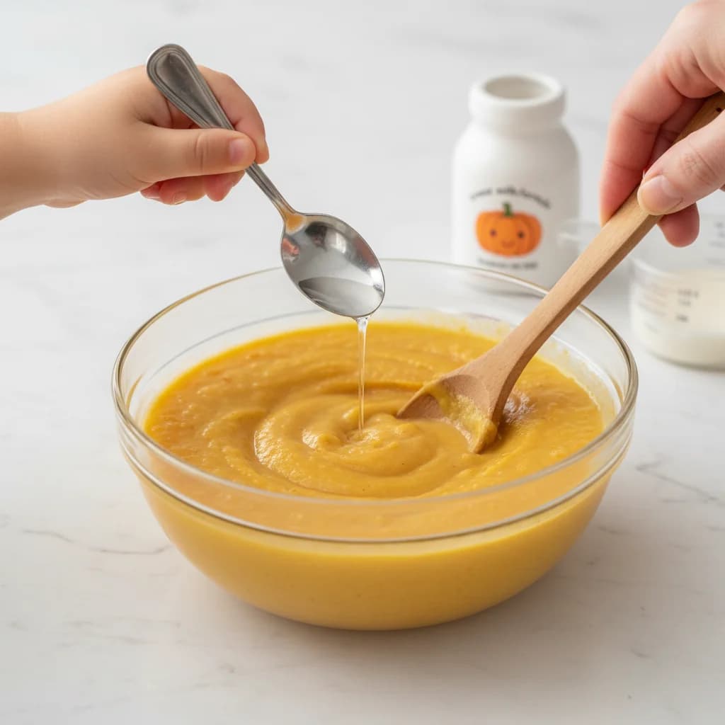 Step 8: **Step 8: Adjust Consistency:** If the purée is too thick, add more water (or breast milk/formula) o for Pumpkin Chickpea Yum-Yum Purée