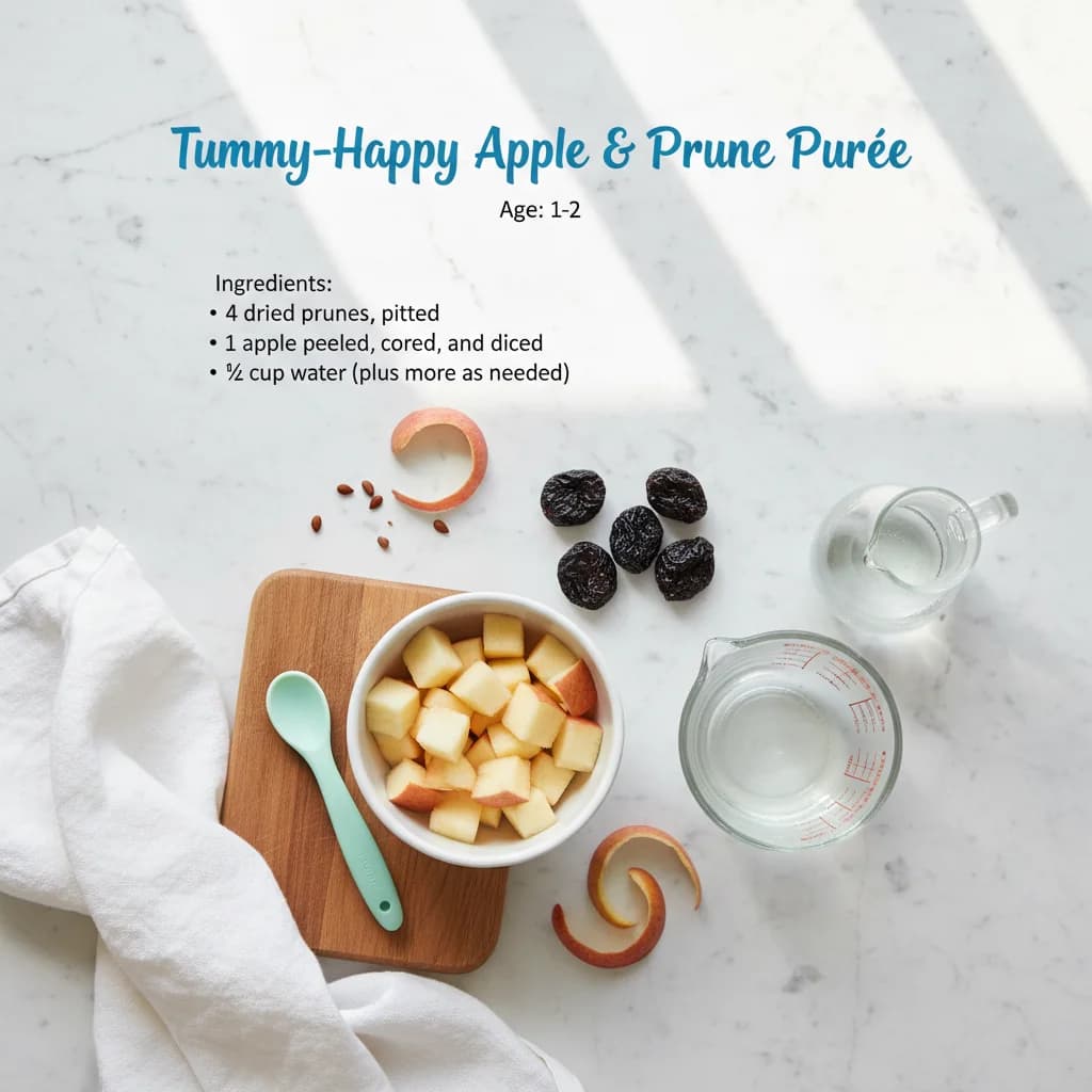 All ingredients needed for Tummy-Happy Apple & Prune Purée arranged on a clean surface