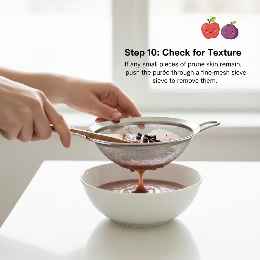 Step 10: **Step 10: Check for Texture.** If any small pieces of prune skin remain, push the purée through a f for Tummy-Happy Apple & Prune Purée