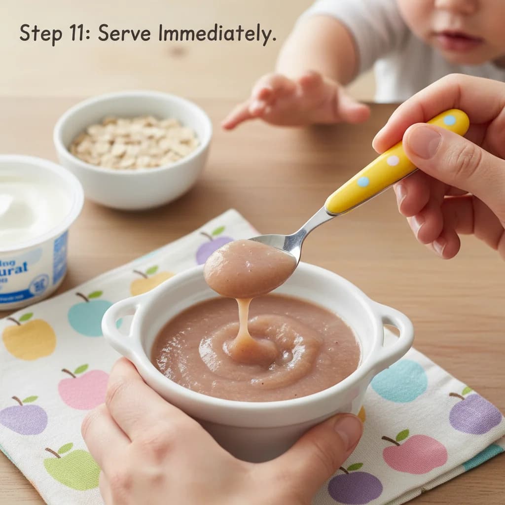 Step 11: **Step 11: Serve Immediately.** Offer a small amount of the purée to your baby. It can be served on for Tummy-Happy Apple & Prune Purée
