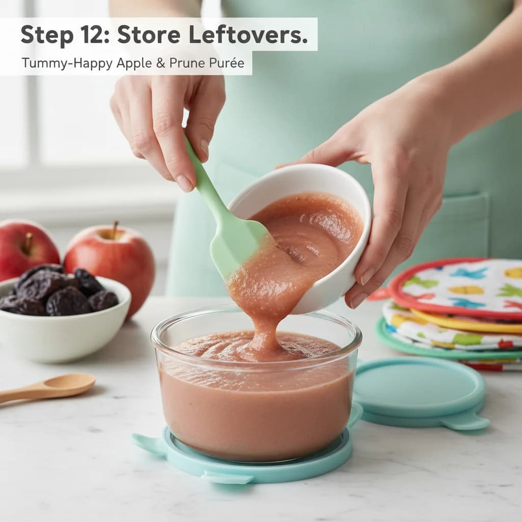Step 12: **Step 12: Store Leftovers.** Refrigerate the remaining purée in an airtight container for up to 3 d for Tummy-Happy Apple & Prune Purée