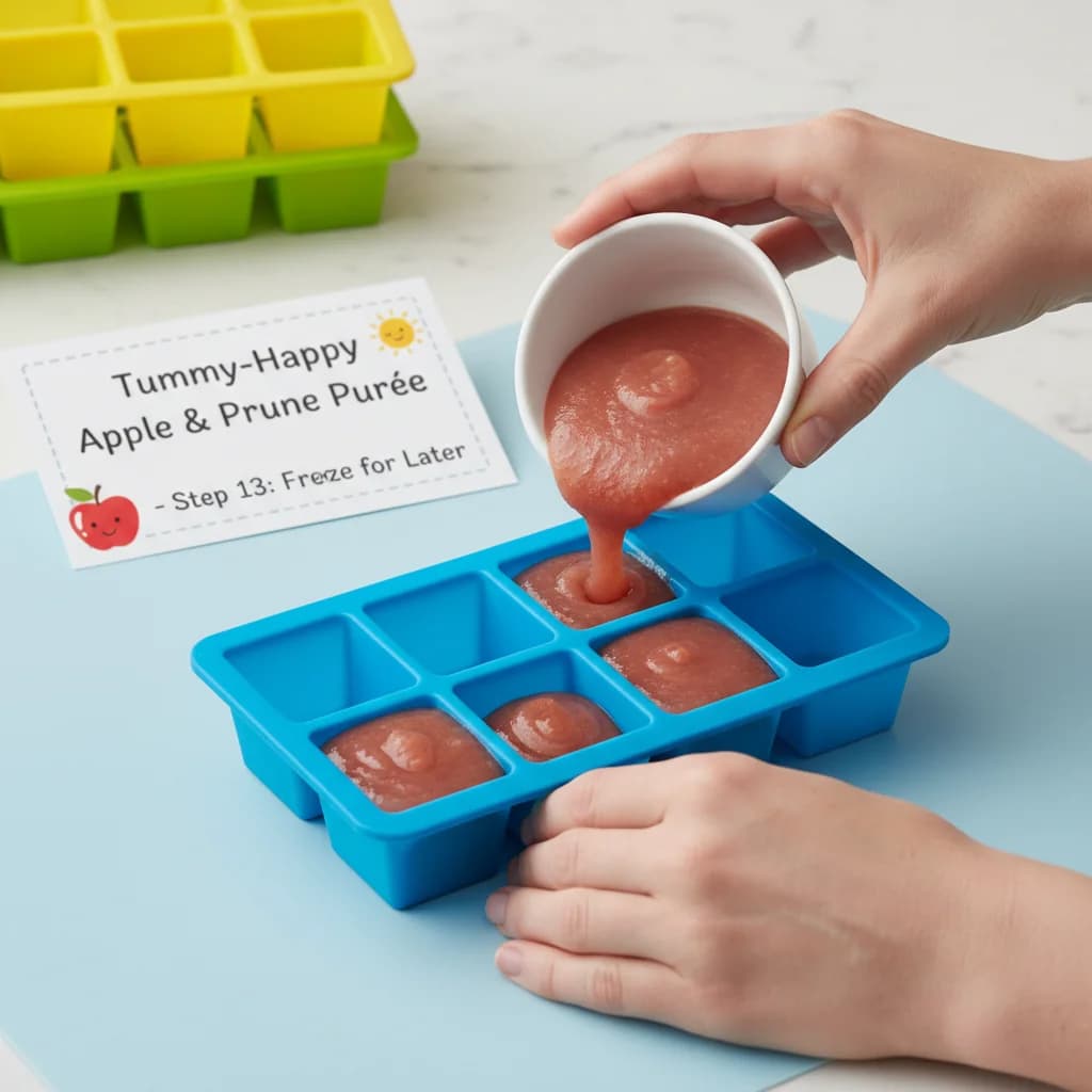 Step 13: **Step 13: Freeze for Later.** For longer storage, freeze the purée in small portions (ice cube tray for Tummy-Happy Apple & Prune Purée