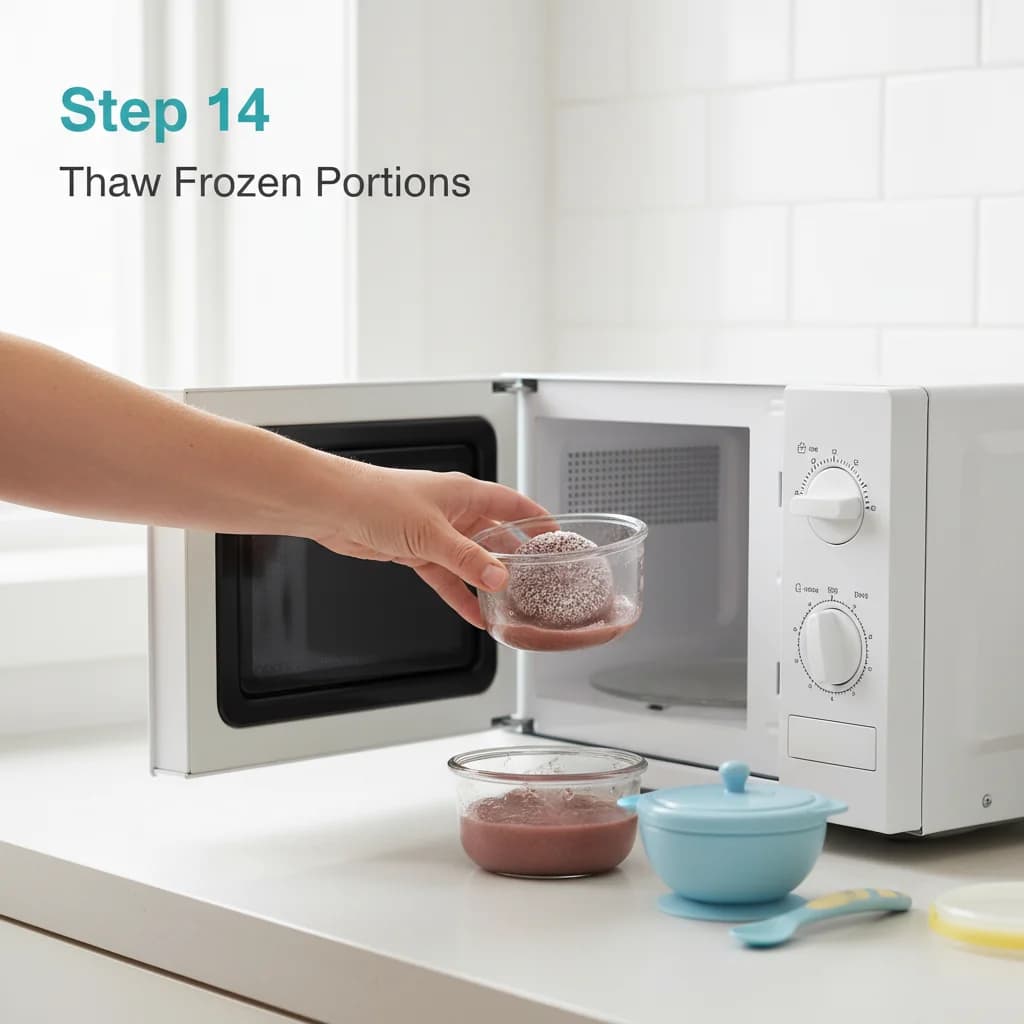 Step 14: **Step 14: Thaw Frozen Portions.** When ready to use, thaw a frozen portion in the refrigerator or m for Tummy-Happy Apple & Prune Purée