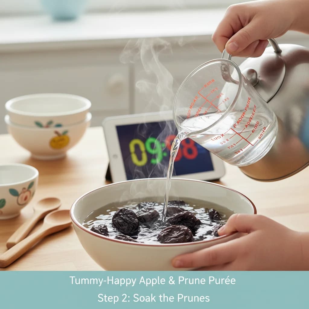 Step 2: **Step 2: Soak the Prunes.** Pour hot water over the prunes until they are submerged. Let them soak for Tummy-Happy Apple & Prune Purée