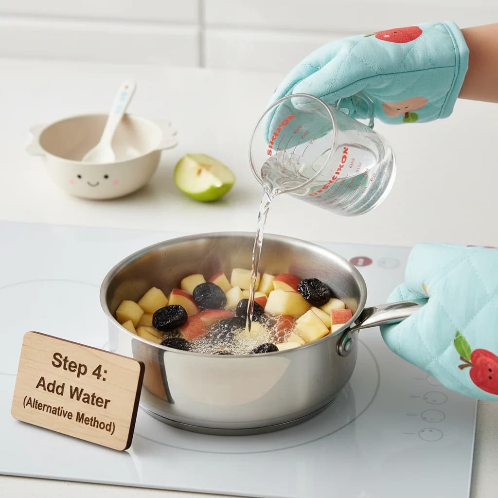 Step 4: **Step 4: Add Water (Alternative Method).** Add ½ cup of water to the saucepan with the prunes and a for Tummy-Happy Apple & Prune Purée