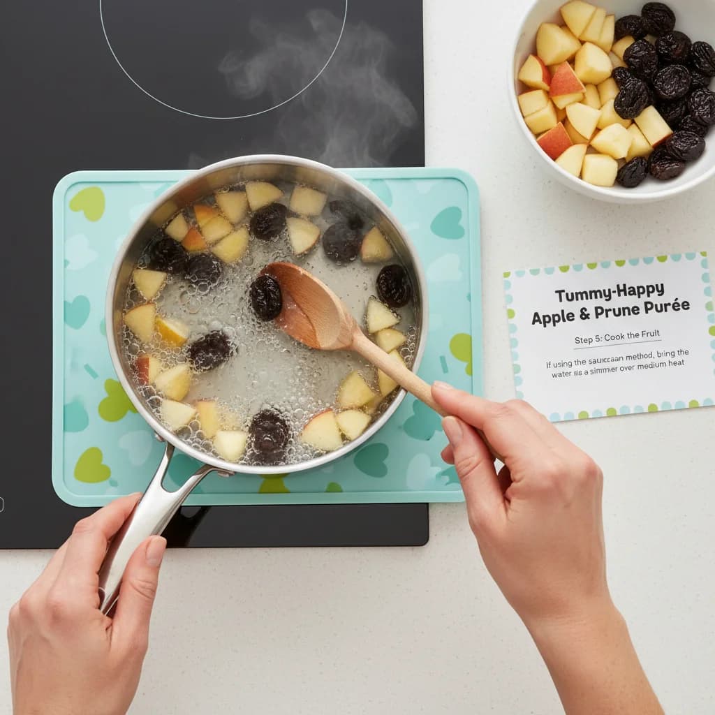 Step 5: **Step 5: Cook the Fruit.** If using the saucepan method, bring the water to a simmer over medium he for Tummy-Happy Apple & Prune Purée