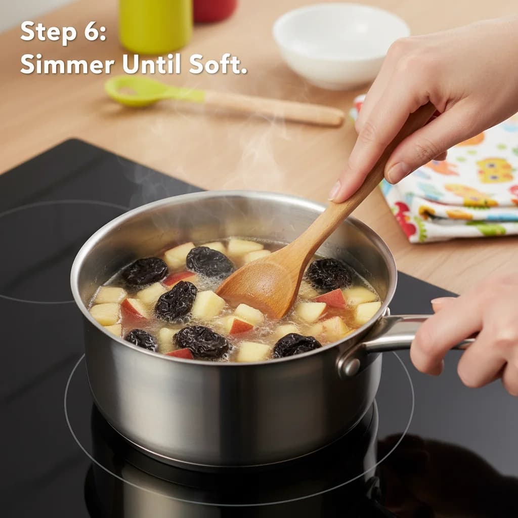Step 6: **Step 6: Simmer Until Soft.** Simmer the prunes and apples for about 5 minutes, or until the prunes for Tummy-Happy Apple & Prune Purée