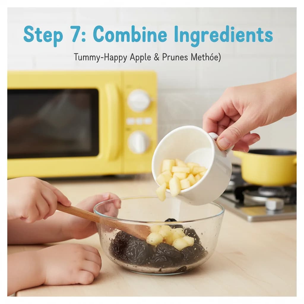 Step 7: **Step 7: Combine Ingredients (Soaked Prunes Method).** If you soaked the prunes separately, lightly for Tummy-Happy Apple & Prune Purée