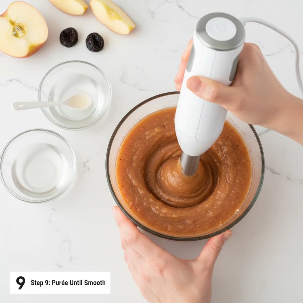 Step 9: **Step 9: Purée Until Smooth.** Blend the ingredients until completely smooth. Add a tablespoon or t for Tummy-Happy Apple & Prune Purée