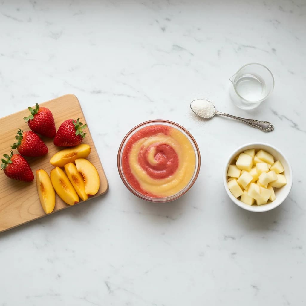All ingredients needed for Fruity Cereal Swirl: Apple, Strawberry & Peach Purée arranged on a clean surface