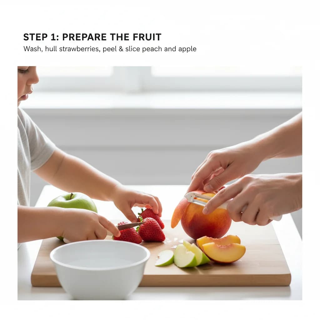 Step 1: Prepare the fruit: Wash the strawberries, peach, and apple thoroughly. Hull the strawberries by remo for Fruity Cereal Swirl: Apple, Strawberry & Peach Purée