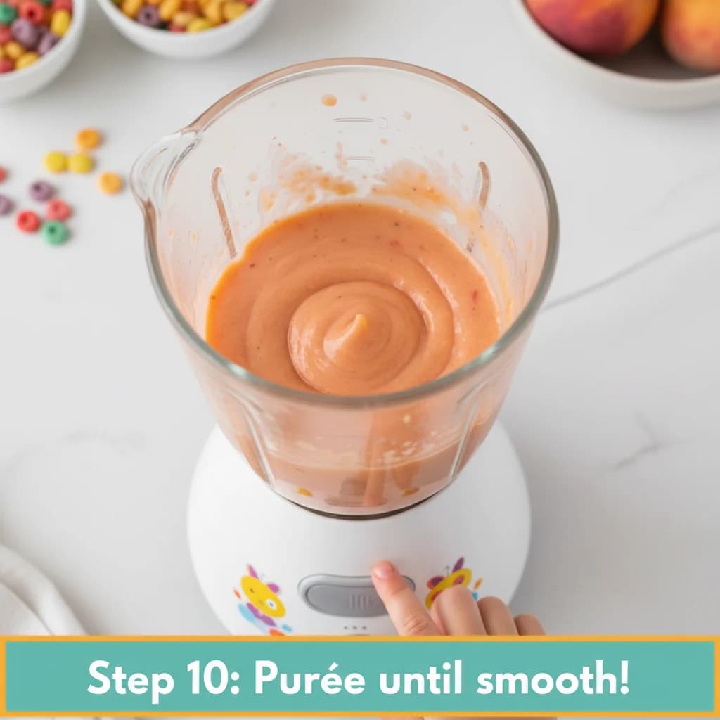 Step 10: Purée until smooth: Blend the mixture until it is completely smooth and creamy. Ensure there are no for Fruity Cereal Swirl: Apple, Strawberry & Peach Purée