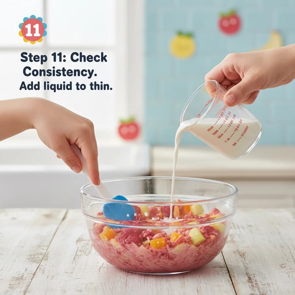 Step 11: Check consistency: If the purée is too thick, add a little water or breast milk/formula to thin it o for Fruity Cereal Swirl: Apple, Strawberry & Peach Purée