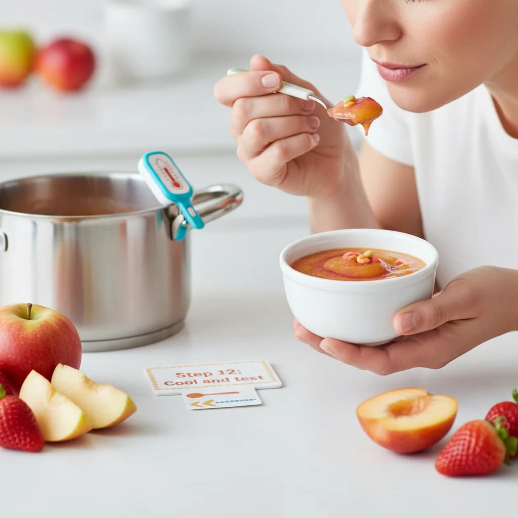 Step 12: Cool and test: Allow the purée to cool slightly before serving. Always test the temperature before f for Fruity Cereal Swirl: Apple, Strawberry & Peach Purée