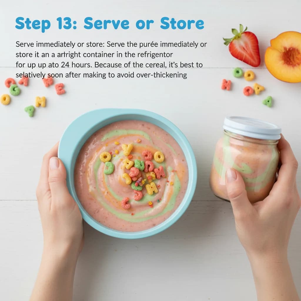 Step 13: Serve immediately or store: Serve the purée immediately or store it in an airtight container in the for Fruity Cereal Swirl: Apple, Strawberry & Peach Purée