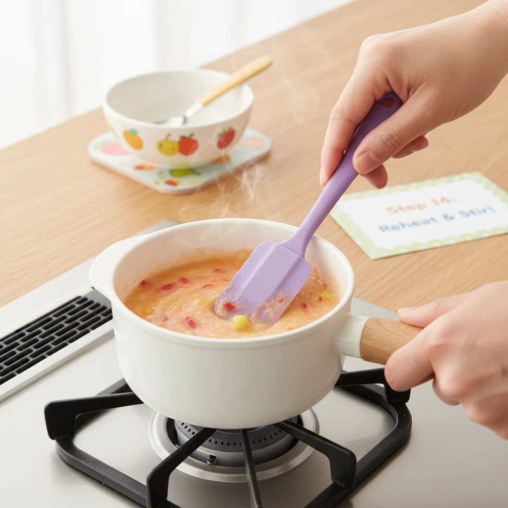 Step 14: Reheat if needed: If refrigerated, you can warm the purée slightly before serving, but avoid overhea for Fruity Cereal Swirl: Apple, Strawberry & Peach Purée