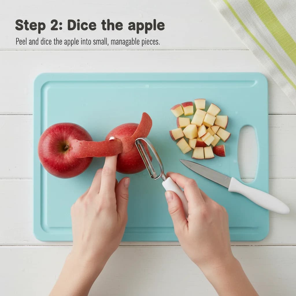 Step 2: Dice the apple: Peel and dice the apple into small, manageable pieces. for Fruity Cereal Swirl: Apple, Strawberry & Peach Purée